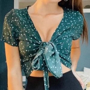 Brandy Melville Green Floral Wrap Rae Shirt